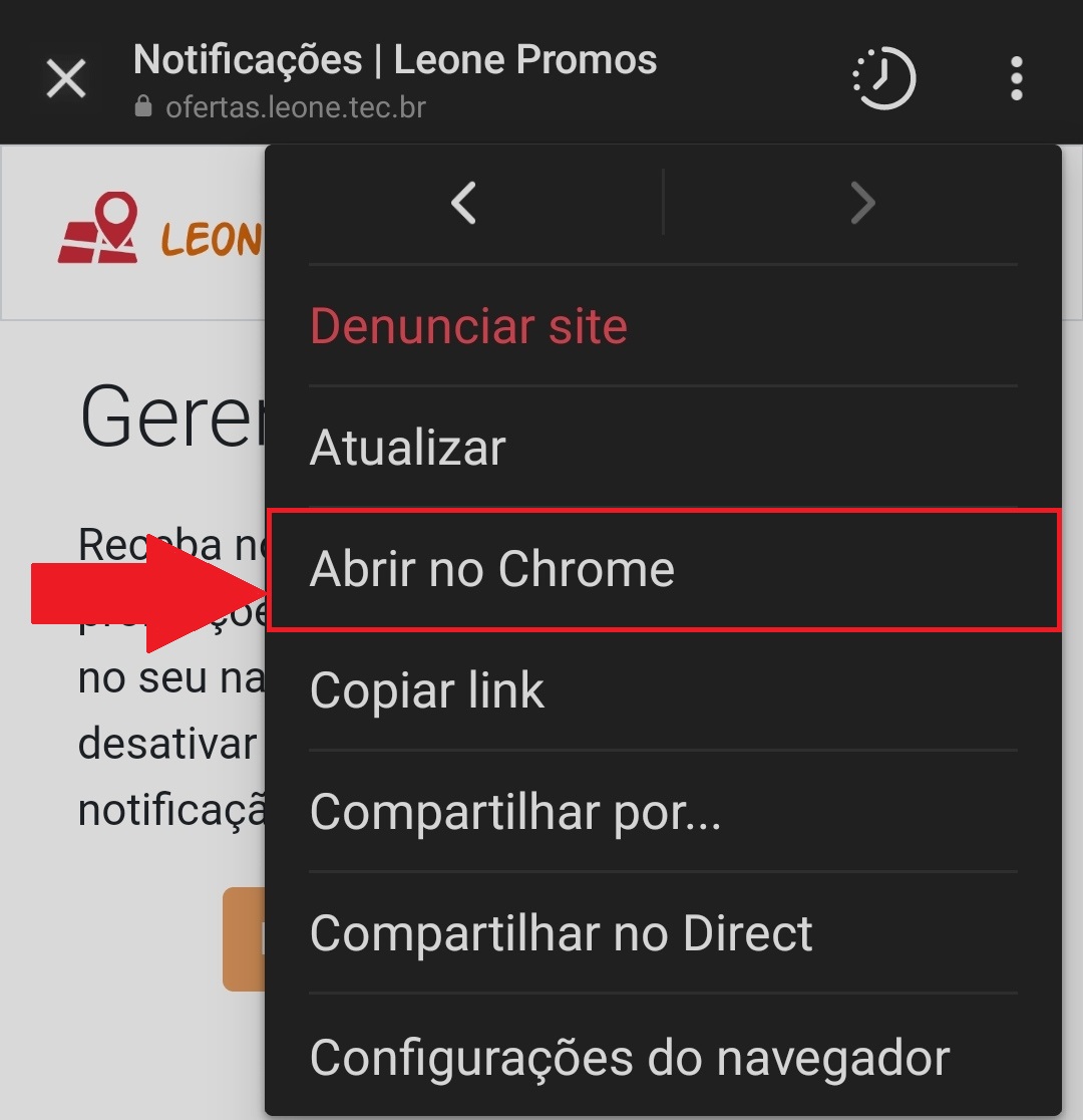 Menu da barra do navegador integrado do Instagram