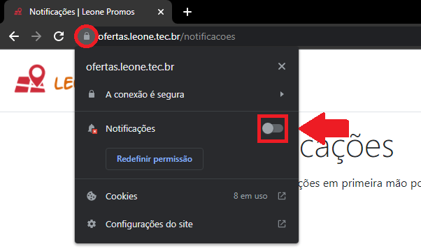 Menu de configurações de sites no Google Chrome